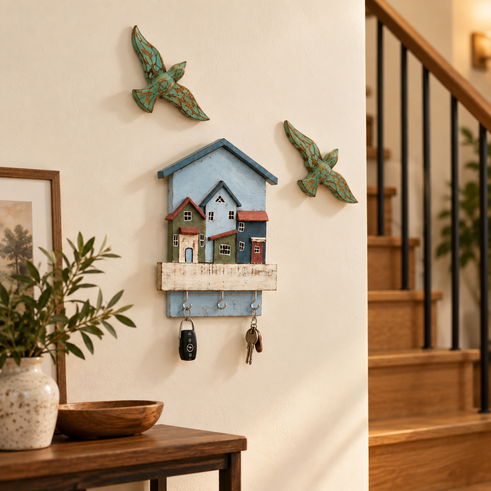 TIMBER KALA'S BEACH HUT KEY HOLDER WITH 3 SINGLE BIRDS