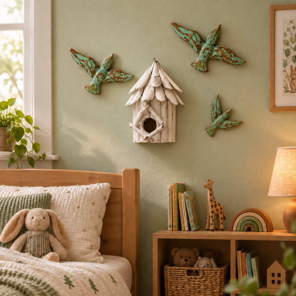 TIMBER KALA'S WALL MOUNTING BIRD HOUSE WITH 3 SINGLE BIRDS