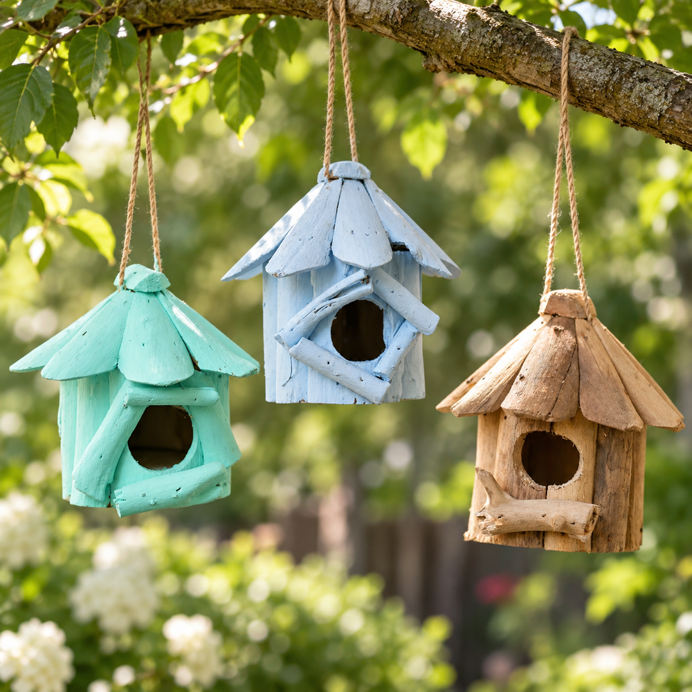 SET OF THREE TIMBER KALA'S SMALL BIRD HOUSES