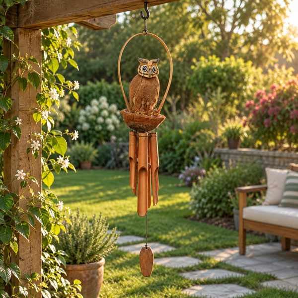 TIMBER KALA’S OWL BIG WITH OWLETS CELESTIAL CHIMES FOR OUTDOORS