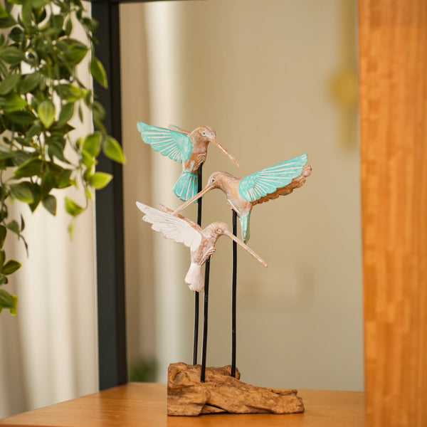 TIMBER KALA'S HUMMING BIRD TRIO ON WOOD FOR DECOR