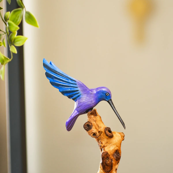 BLUE WINGS  HUMMING BIRD ON DRIFTWOOD FOR DECOR