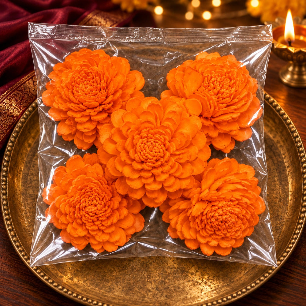 5 ORANGE DRY WOODEN FLOWER FOR DECOR