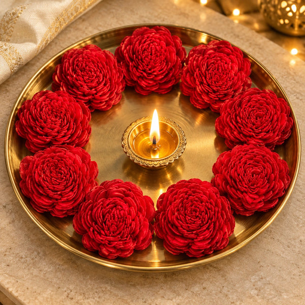 5 RED DRY WOODEN FLOWER FOR DECOR