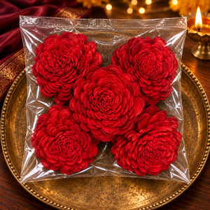 5 RED DRY WOODEN FLOWER FOR DECOR