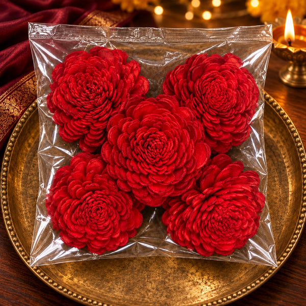 5 RED DRY WOODEN FLOWER FOR DECOR